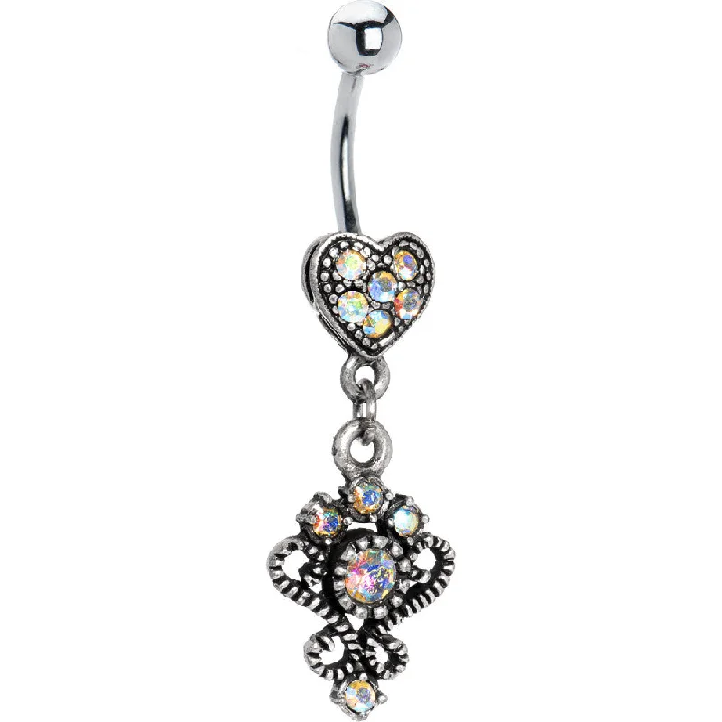 Belly Rings with Exotic Patterns for Unique Style -Antique Silver Victorian Heart Aurora Gem Dangle Belly Ring Belly Rings with Exotic Patterns for Unique Style -Antique Silver Victorian Heart Aurora Gem Dangle Belly Ring