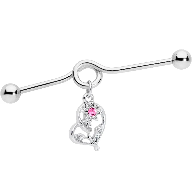 Women's Earrings – Elegant Designs for Every Personality--14 Gauge Pink Gem Blossoming Heart Flower Dangle Project Bar 38mm