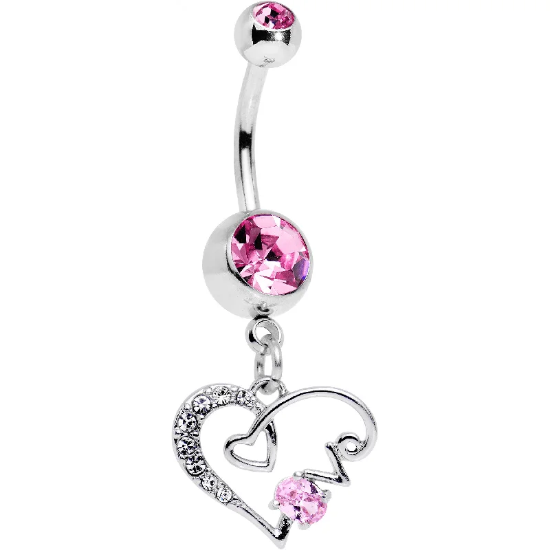 Stunning Belly Rings for Special Occasions -Pink CZ Gem Love Scrawled Double Heart Dangle Belly Ring Stunning Belly Rings for Special Occasions -Pink CZ Gem Love Scrawled Double Heart Dangle Belly Ring
