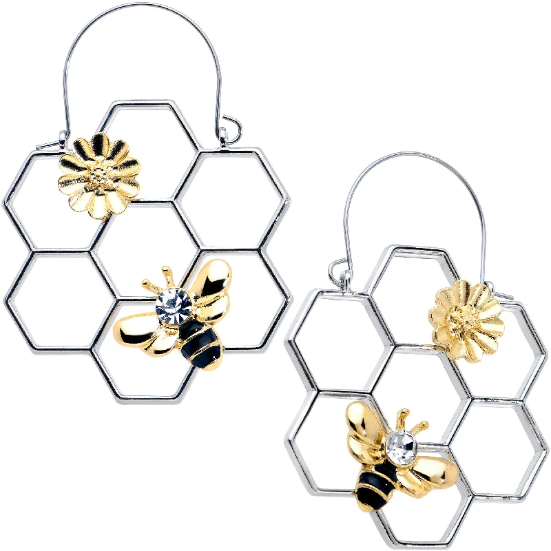 Women's Earrings – Elegant Designs for Every Personality--Clear Gem Bee Honeycomb Flower Tunnel Plug Earrings
