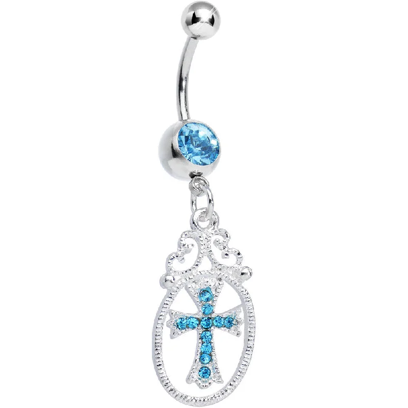 Beautiful Belly Rings for Every Occasion -Aqua Gem Oval Framed Elegant Cross Dangle Belly Ring Beautiful Belly Rings for Every Occasion -Aqua Gem Oval Framed Elegant Cross Dangle Belly Ring