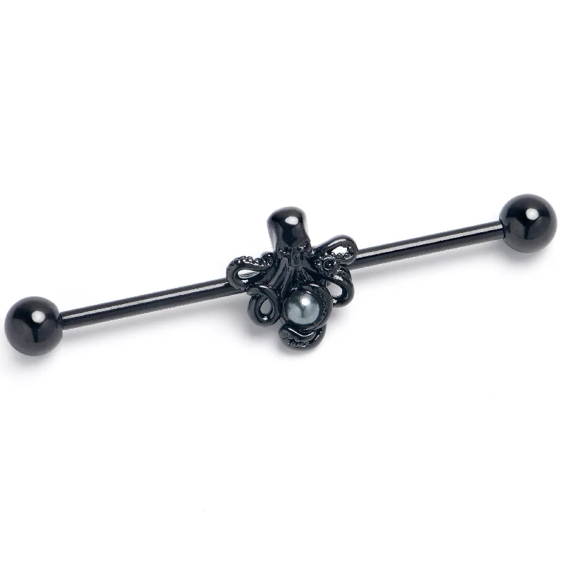 Women's Earrings – Elegant Designs for Every Personality--14 Gauge Black Faux Pearl Treasure Octopus Industrial Barbell 38mm