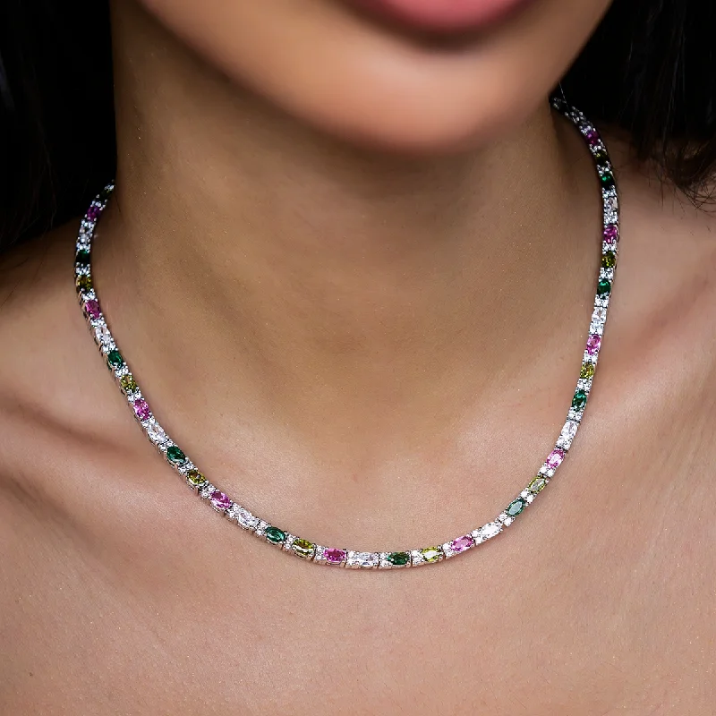 Shop Classic Women's Necklaces & Pendants with a Modern Twist-Multicolor Mixed Oval Cut Tennis Necklace- 3mm Shop Classic Women's Necklaces & Pendants with a Modern Twist-Multicolor Mixed Oval Cut Tennis Necklace- 3mm