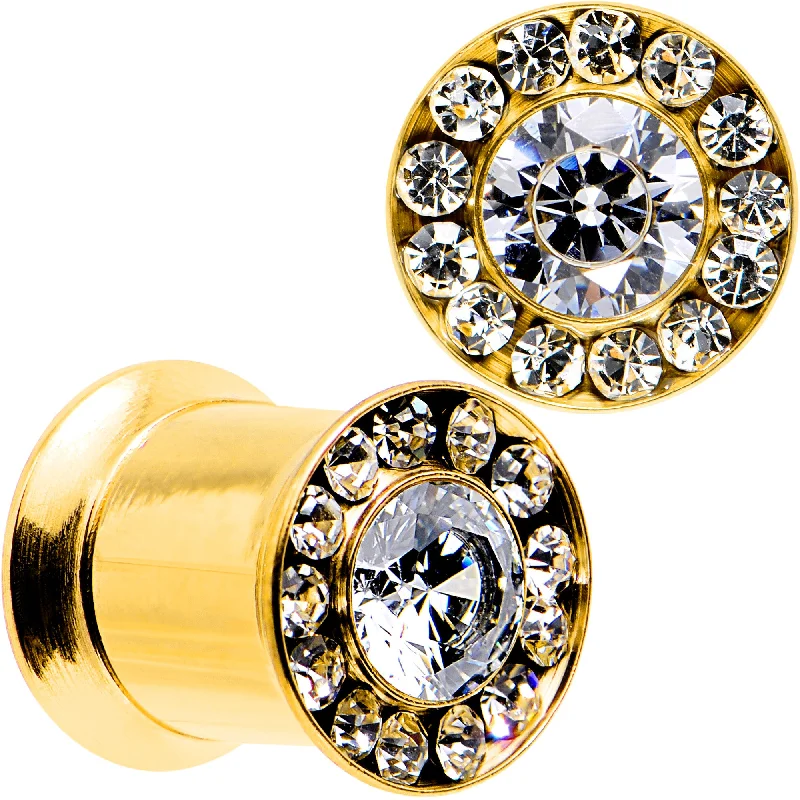 Women's Earrings – Elegant Designs for Every Personality--0 Gauge Clear CZ Gem Gold PVD Goddess of Glam Screw Fit Plug Set