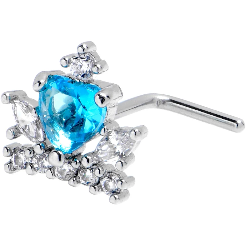 Nose Rings for Dressy Style -20 Gauge 7mm Clear Blue CZ Gem Crown Heart L Shape Nose Ring Nose Rings for Dressy Style -20 Gauge 7mm Clear Blue CZ Gem Crown Heart L Shape Nose Ring
