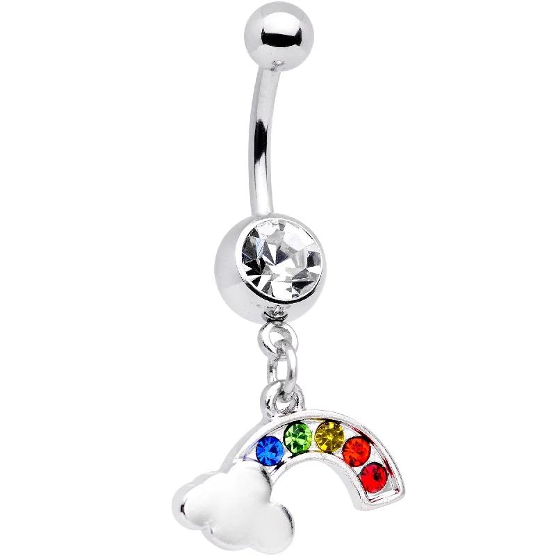 Comfortable Belly Rings with Adjustable Fit -Clear Gem Summer Pride Rainbow Dangle Belly Ring Comfortable Belly Rings with Adjustable Fit -Clear Gem Summer Pride Rainbow Dangle Belly Ring