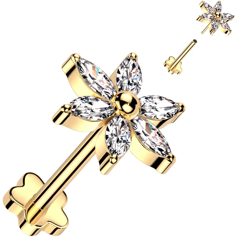 Women's Earrings – Elegant Designs for Every Personality--18 Gauge 5/16 Clear CZ Gem Style Flower Gold PVD Medical Grade Titanium Reversible Flat Back Earring Women's Earrings – Elegant Designs for Every Personality--18 Gauge 5/16 Clear CZ Gem Style Flower Gold PVD Medical Grade Titanium Reversible Flat Back Earring