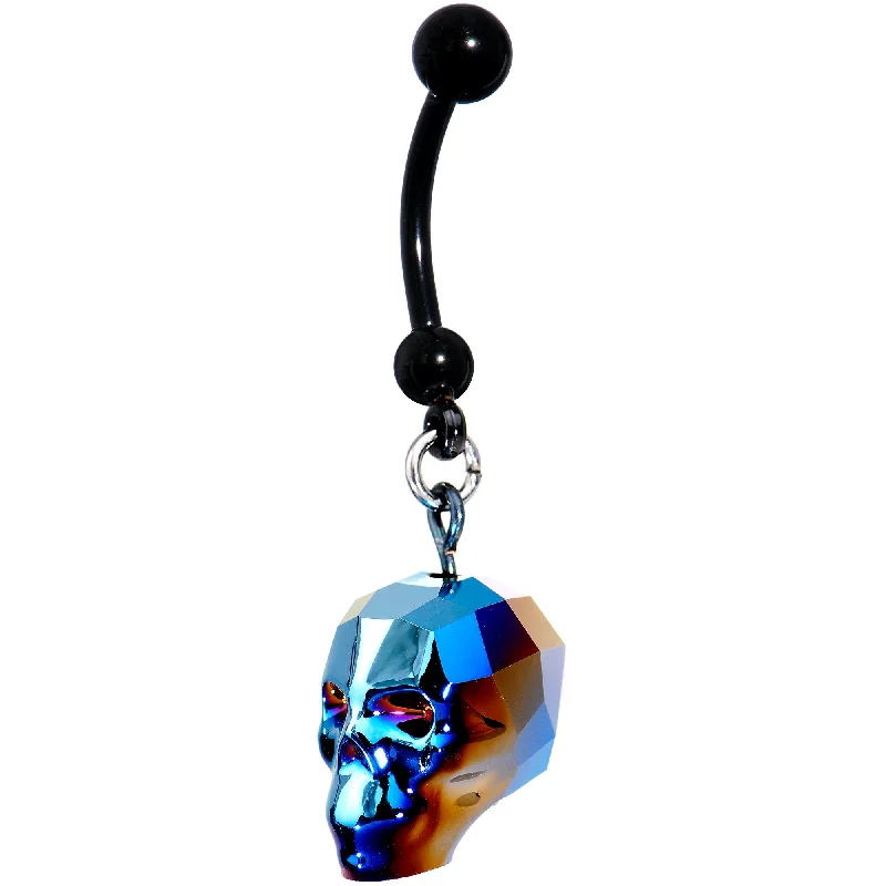 Designer Belly Rings with Unique Details -Iridescent Blue Skull Halloween Dangle Belly Ring Created with Swarovksi Crystals Designer Belly Rings with Unique Details -Iridescent Blue Skull Halloween Dangle Belly Ring Created with Swarovksi Crystals