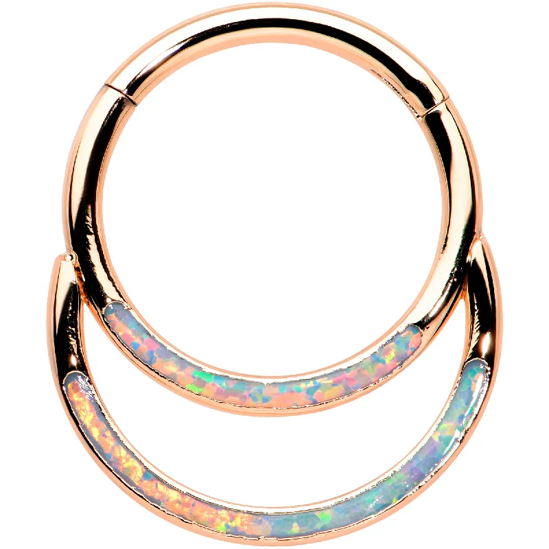 Women's Earrings – Elegant Designs for Every Personality--16 Gauge 3/8 White Synth Opal Rosy Tone Double Row Hinged Segment Ring Women's Earrings – Elegant Designs for Every Personality--16 Gauge 3/8 White Synth Opal Rosy Tone Double Row Hinged Segment Ring