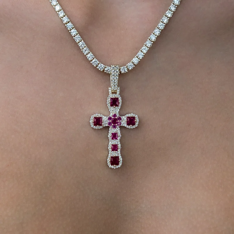 Shop Classic Women's Necklaces & Pendants with a Modern Twist-Ruby Stone Rounded Cross Pendant in Yellow Gold Shop Classic Women's Necklaces & Pendants with a Modern Twist-Ruby Stone Rounded Cross Pendant in Yellow Gold