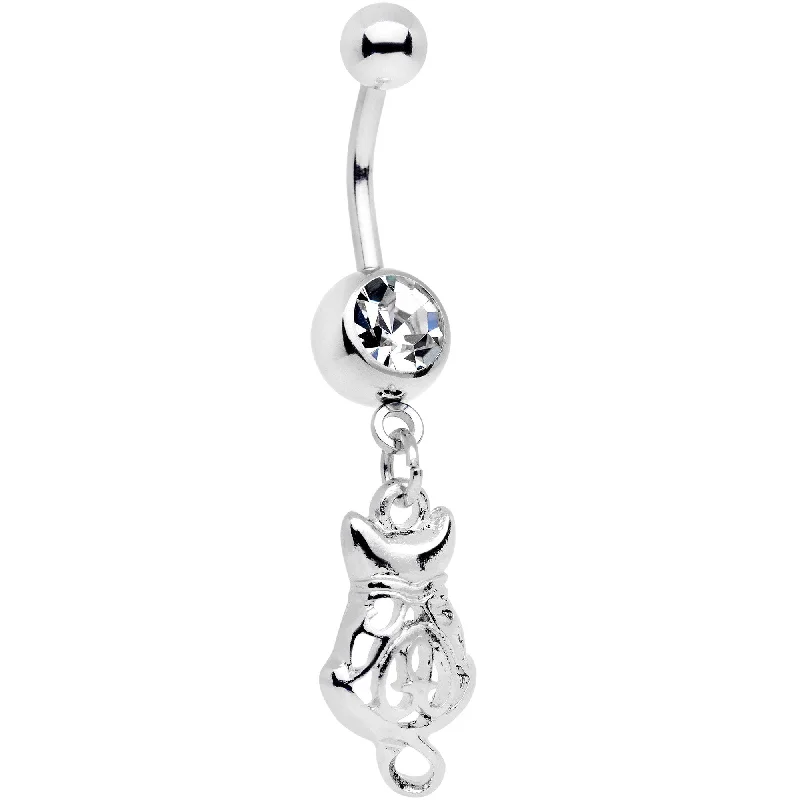 Belly Rings with Silver and Gold Detailing -Clear Gem Luck Be A Kitty Cat Tonight Dangle Belly Ring Belly Rings with Silver and Gold Detailing -Clear Gem Luck Be A Kitty Cat Tonight Dangle Belly Ring