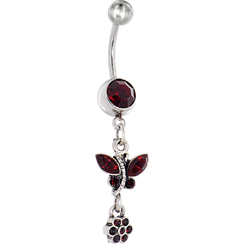 Belly Rings with Gemstone Detailing for Bold Style -Antique Silver Floral Ivy Siam Red Gem Dangle Belly Ring Belly Rings with Gemstone Detailing for Bold Style -Antique Silver Floral Ivy Siam Red Gem Dangle Belly Ring