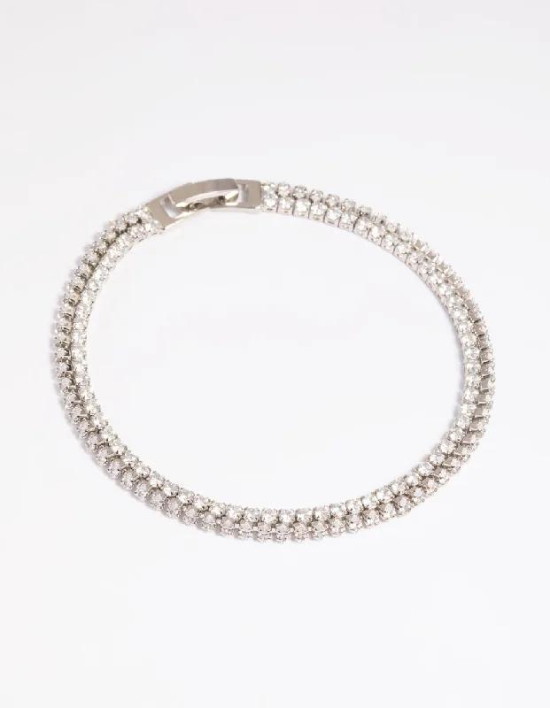 Gold Bangles with Charm Detail for Women-Rhodium Cubic Zirconia Layered Tennis Bracelet