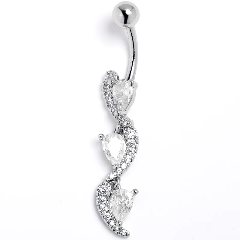 Belly Rings for a Polished Look -Clear CZ Gem Super Style Swirl Dangle Belly Ring