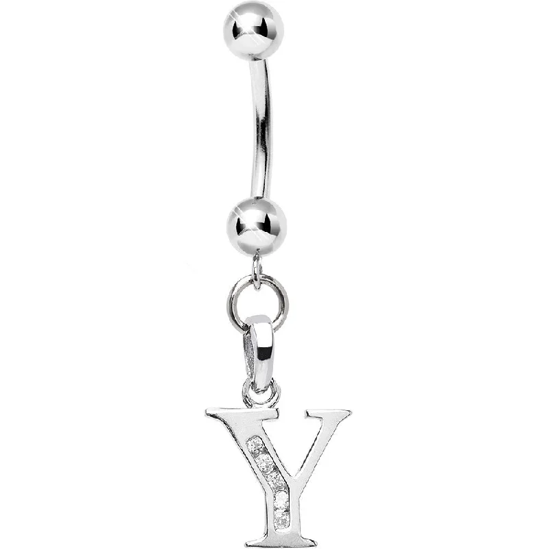 Comfortable Belly Rings with Bold Detailing -16 Gauge Solid 14kt White Gold CZ Initial Y Belly Ring Comfortable Belly Rings with Bold Detailing -16 Gauge Solid 14kt White Gold CZ Initial Y Belly Ring