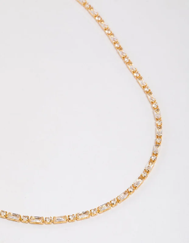 Shop Classic Women's Necklaces & Pendants with a Modern Twist-Gold Plated Cubic Zirconia Round & Baguette Tennis Necklace Shop Classic Women's Necklaces & Pendants with a Modern Twist-Gold Plated Cubic Zirconia Round & Baguette Tennis Necklace