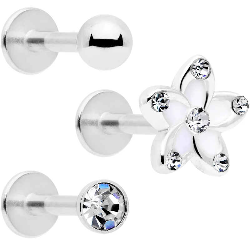 Statement Lip Rings for Trendsetters16 Gauge 5/16 Clear Gem White Flower Labret Set of 3