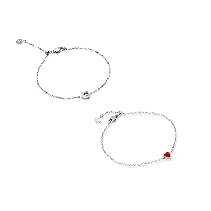 Women's Bangles with Precious Gemstones-Mini Heart Birthstone & Initial Bracelet Bundle (Silver)