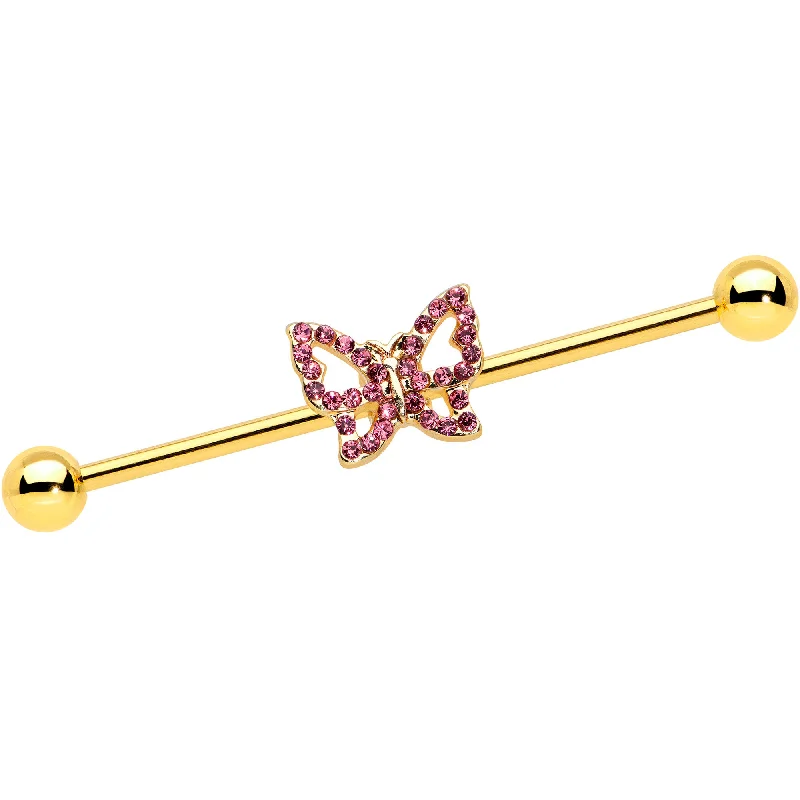 Women's Earrings – Elegant Designs for Every Personality--14 Gauge Pink Gem Gold Tone Simple Butterfly Industrial Barbell 38mm