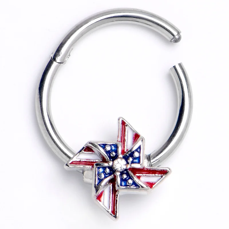 Designer Nose Rings for Exclusive Styles -16 Gauge 3/8 Clear Gem Festive Patriot Pinwheel Hinged Segment Ring Designer Nose Rings for Exclusive Styles -16 Gauge 3/8 Clear Gem Festive Patriot Pinwheel Hinged Segment Ring