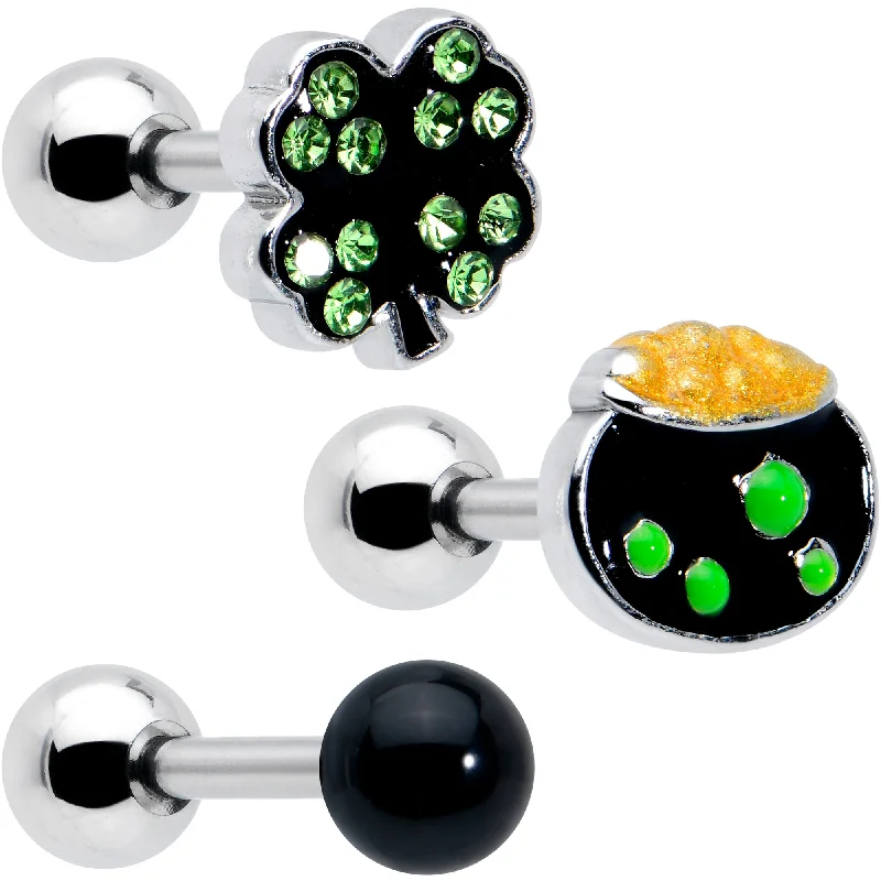Women's Earrings – Elegant Designs for Every Personality--16 Gauge 1/4 Green Gem Shamrock Pot of Gold Cartilage Earring Curation Set of 3 Women's Earrings – Elegant Designs for Every Personality--16 Gauge 1/4 Green Gem Shamrock Pot of Gold Cartilage Earring Curation Set of 3