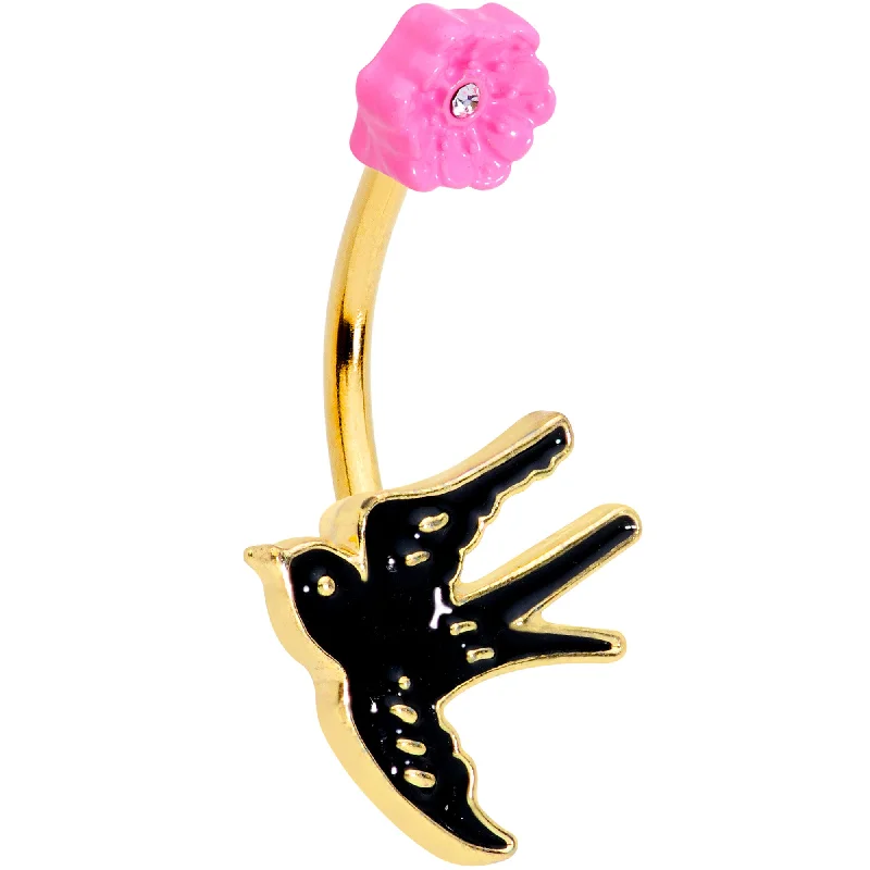 Trendy Belly Rings for Fashion-Loving Women -Clear Gem Gold Tone Tattoo Bird Pink Flower Belly Ring Trendy Belly Rings for Fashion-Loving Women -Clear Gem Gold Tone Tattoo Bird Pink Flower Belly Ring