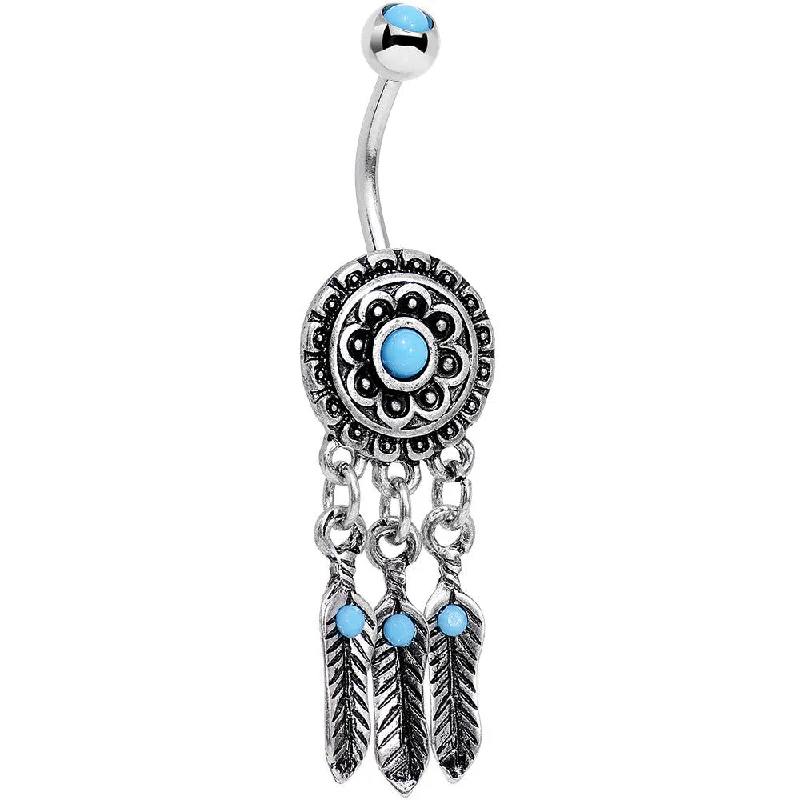 Fashionable Belly Rings with Vibrant Accents -Faux Turquoise Fashionable Feather Dreamcatcher Dangle Belly Ring Fashionable Belly Rings with Vibrant Accents -Faux Turquoise Fashionable Feather Dreamcatcher Dangle Belly Ring
