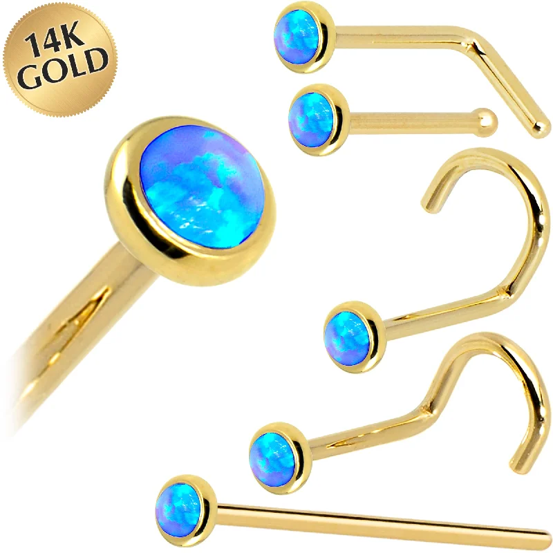 Elegant Designer Nose Rings for Special Occasions -Solid 14KT Yellow Gold 2mm Blue Synthetic Opal Nose Ring Elegant Designer Nose Rings for Special Occasions -Solid 14KT Yellow Gold 2mm Blue Synthetic Opal Nose Ring