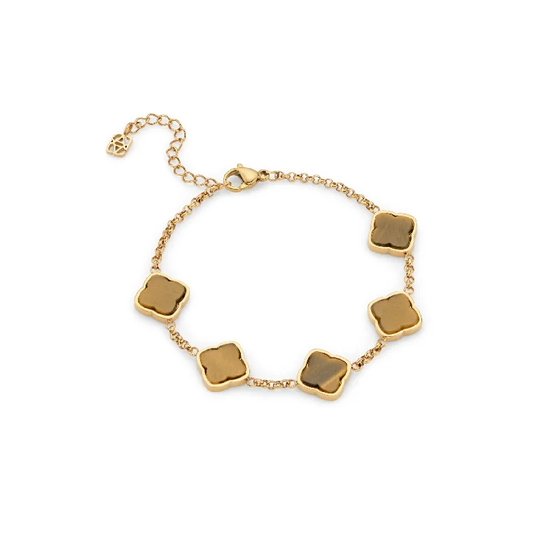 Women's Bangles with Simple Stone Accents-Tigers Eye Multi Clover Bracelet (Gold)