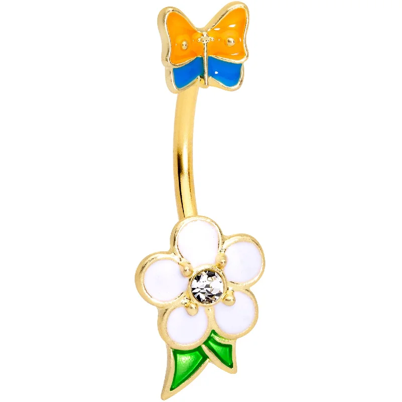 Trendy Belly Rings for Glamorous Fashion -Clear Gem Gold Tone Spring Flower Butterfly Double Mount Belly Ring Trendy Belly Rings for Glamorous Fashion -Clear Gem Gold Tone Spring Flower Butterfly Double Mount Belly Ring