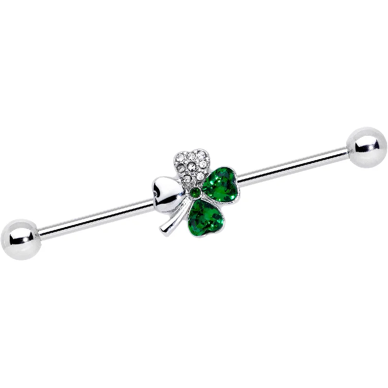 Women's Earrings – Elegant Designs for Every Personality--14 Gauge Clear Green Gem Shamrock St Patricks Industrial Barbell 38mm