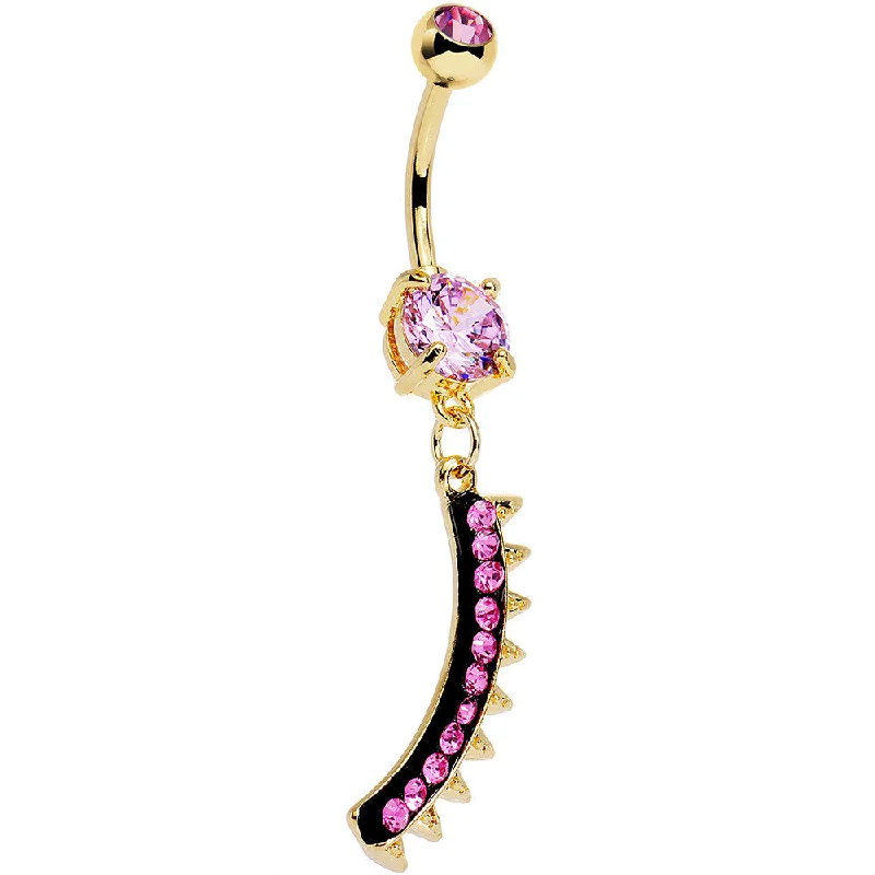 Comfortable Belly Rings for Casual Wear -Pink Gem Gold Anodized Euclidian Strip Dangle Belly Ring Comfortable Belly Rings for Casual Wear -Pink Gem Gold Anodized Euclidian Strip Dangle Belly Ring