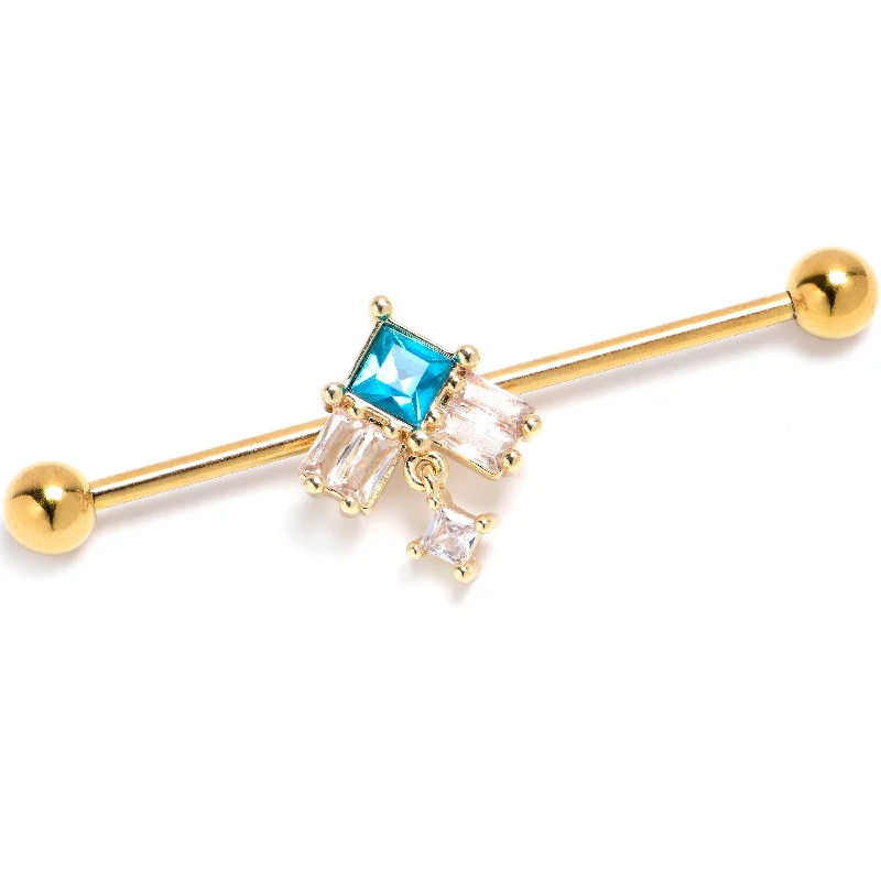 Women's Earrings – Elegant Designs for Every Personality--14 Gauge Blue CZ Gem Gold Tone Rhombus Riot Industrial Barbell 38mm