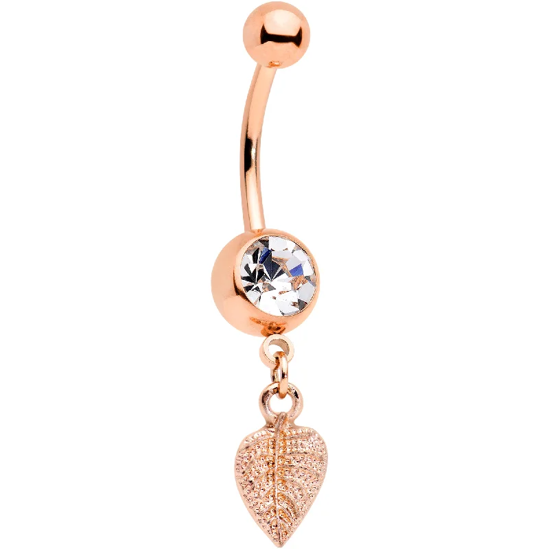 Belly Rings with Custom Features for Personalized Style -Clear Gem Rose Gold Tone Autumn Textured Leaf Dangle Belly Ring Belly Rings with Custom Features for Personalized Style -Clear Gem Rose Gold Tone Autumn Textured Leaf Dangle Belly Ring