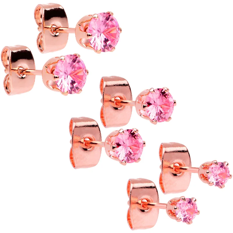 Women's Earrings – Elegant Designs for Every Personality--20 Gauge Pink CZ Gem Rose Gold Tone Post Stud Earring Set of 3