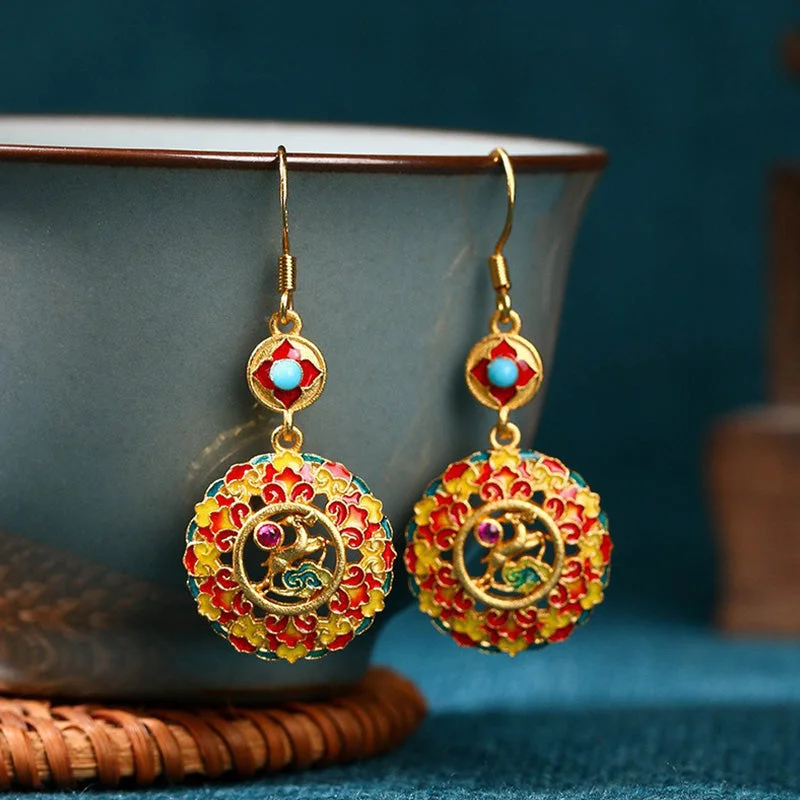 Women's Earrings – Elegant Designs for Every Personality--Buddha Stones 24K Gold Plated Dunhuang Color Elk Copper Balance Drop Earrings