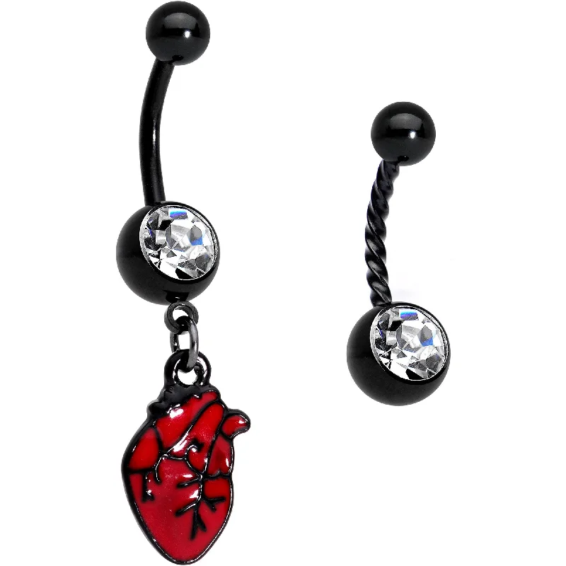 Comfortable Belly Rings for Everyday Fashion -Clear Gem Black Twisted Red Anatomical Heart Belly Ring Set of 2 Comfortable Belly Rings for Everyday Fashion -Clear Gem Black Twisted Red Anatomical Heart Belly Ring Set of 2
