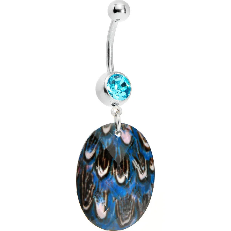Trendy Belly Rings for Fashion-Forward Women -Blue Gem Paradise Feather Oval Dangle Belly Ring Trendy Belly Rings for Fashion-Forward Women -Blue Gem Paradise Feather Oval Dangle Belly Ring