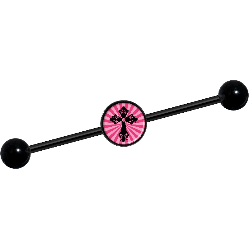 Women's Earrings – Elegant Designs for Every Personality--14 Gauge Pink Black Radiant Cross Black Industrial Barbell 37mm