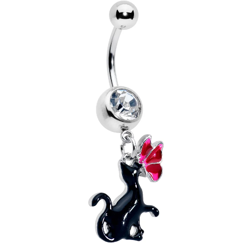 Classic Belly Rings for Elegant Style -Clear Gem Butterfly Black Cat Dangle Belly Ring Classic Belly Rings for Elegant Style -Clear Gem Butterfly Black Cat Dangle Belly Ring