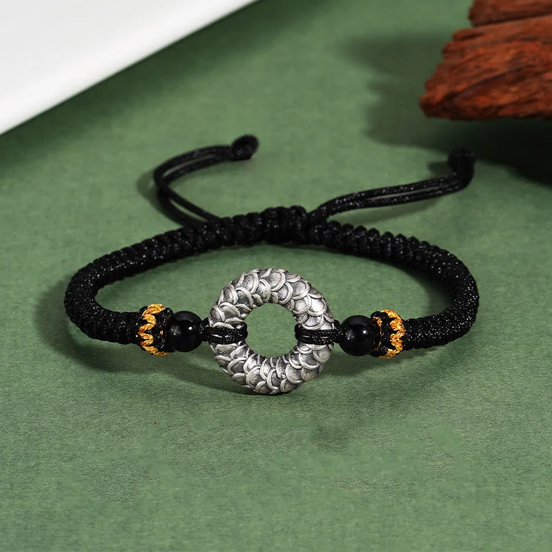 Women's Statement Bangles-Buddha Stones Handmade Black Onyx 999 Sterling Silver Peace Buckle Dragon Black String Luck Braided Bracelet