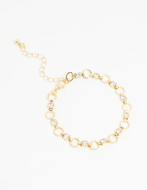 Unique Wedding Bangles for Women-Gold Plated Brass Alternating Cubic Zirconia Round Link Bracelet