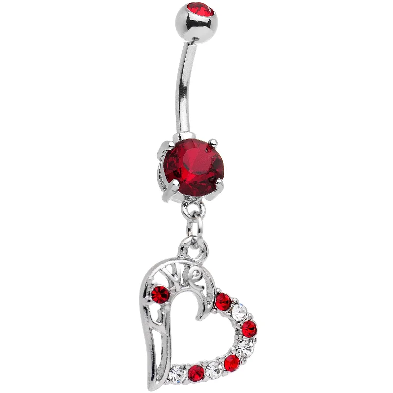 Trendy Belly Rings for Exclusive Looks -Red Gem Love Inscribed Titled Heart Dangle Belly Ring Trendy Belly Rings for Exclusive Looks -Red Gem Love Inscribed Titled Heart Dangle Belly Ring