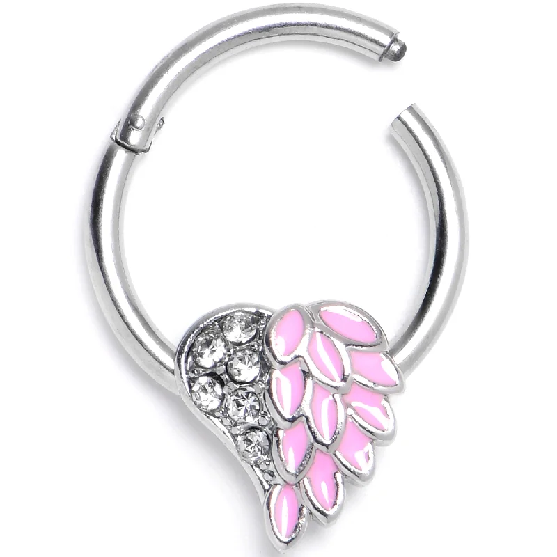 Chic Nose Rings for Classic Looks -16 Gauge 3/8 Pink Heavenly Heart Angel Wings Hinged Segment Ring Chic Nose Rings for Classic Looks -16 Gauge 3/8 Pink Heavenly Heart Angel Wings Hinged Segment Ring