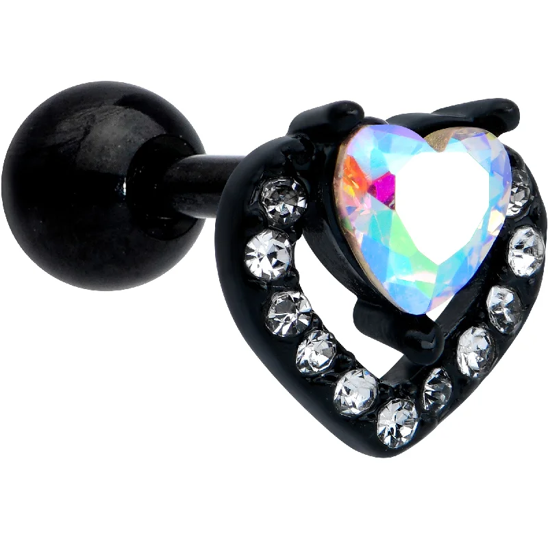 Women's Earrings – Elegant Designs for Every Personality--16 Gauge 1/4 Aurora Gem Black Double Heart Cartilage Tragus Earring