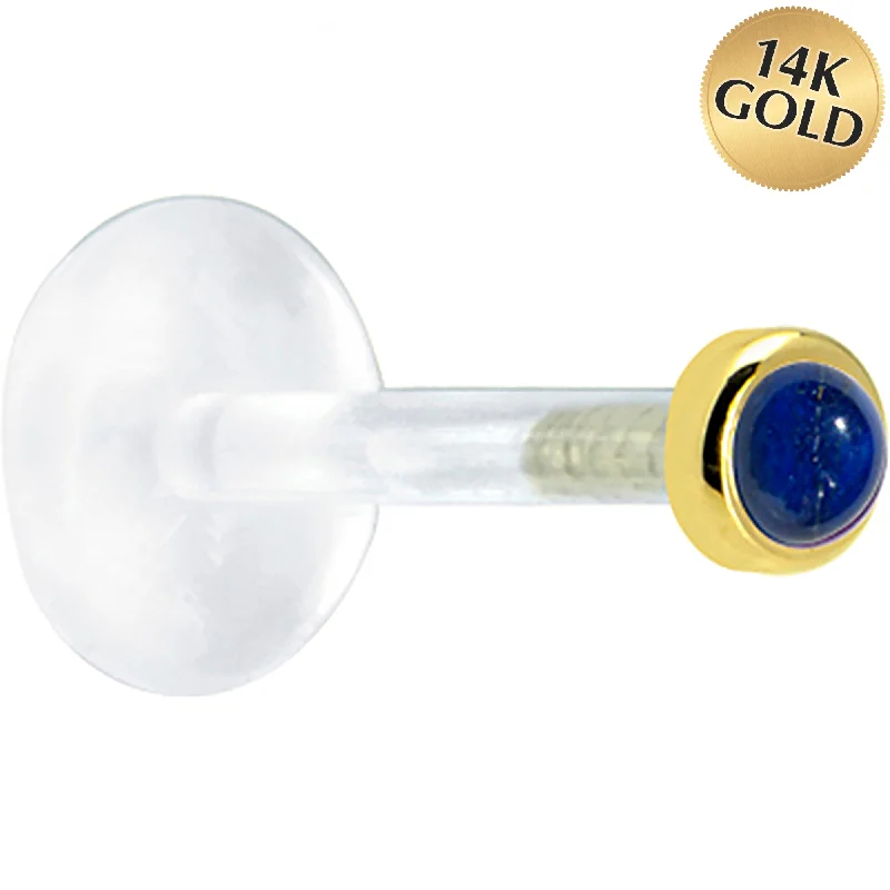 Women's Earrings – Elegant Designs for Every Personality--16 Gauge 5/16 Solid 14KT Yellow Gold 2mm Genuine Blue Lapis Lazuli Bioplast Tragus Earring Stud