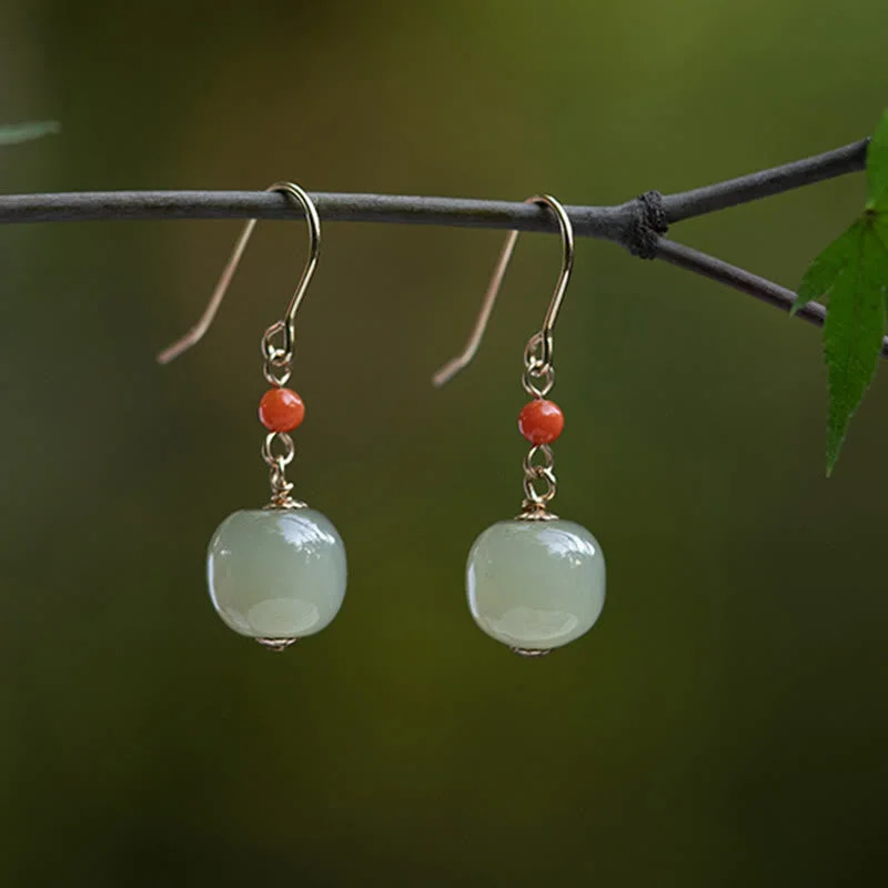 Women's Earrings – Elegant Designs for Every Personality--Buddha Stones 925 Sterling Silver 14K Gold Plated Hetian Jade Red Agate Luck Drop Dangle Earrings