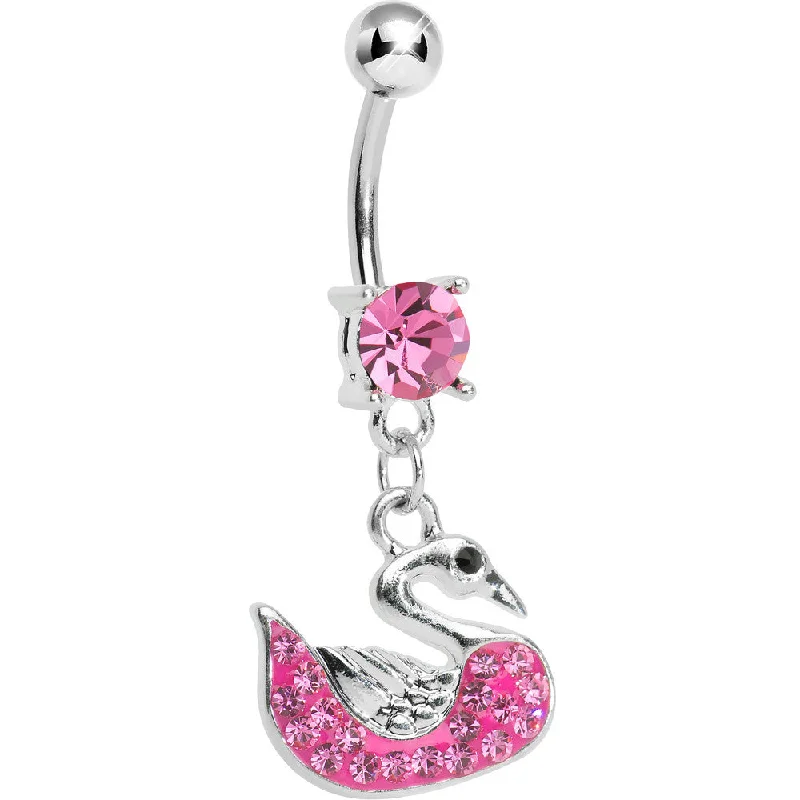 Trendy Belly Rings with Chic Finish -Pink Gem Paved Pink Swan Dangle Belly Ring