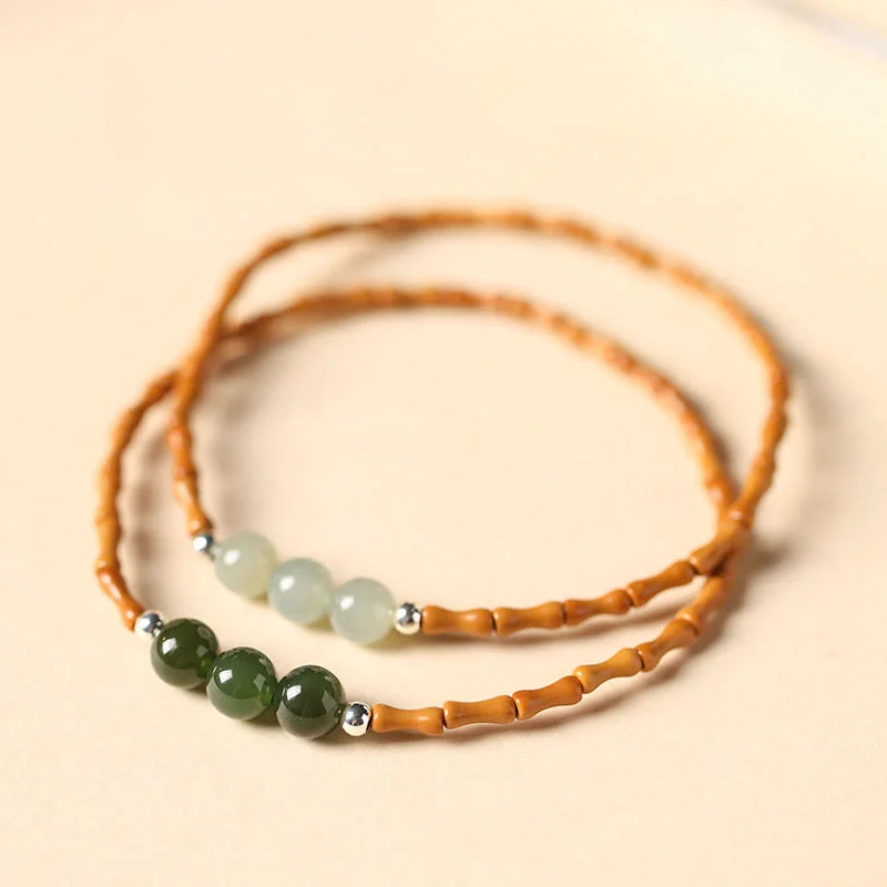 Minimalist Gold Bangles for Women-Buddha Stones Natural Olive Pit Bamboo Pattern Hetian Jade Beads Luck Bracelet Minimalist Gold Bangles for Women-Buddha Stones Natural Olive Pit Bamboo Pattern Hetian Jade Beads Luck Bracelet