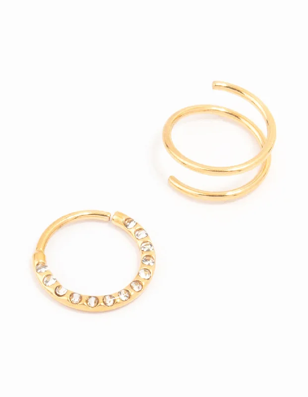 Trendy and Comfortable Nose Rings -Gold Plated Cubic Zirconia And Spiral Nose 2-Pack Trendy and Comfortable Nose Rings -Gold Plated Cubic Zirconia And Spiral Nose 2-Pack
